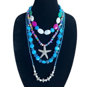Chunky Multi Strand Gemstone Shell Bead Starfish Necklace